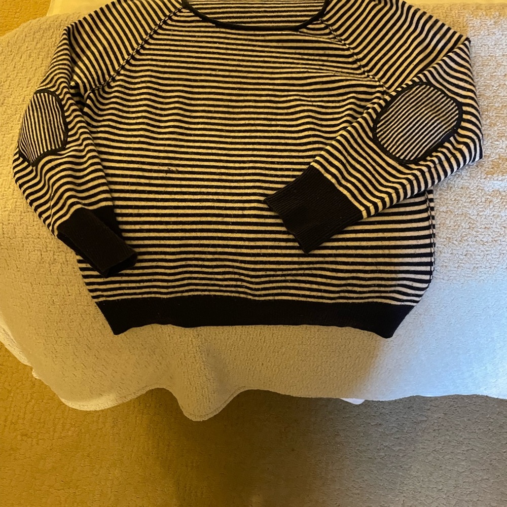 Joie blue and white striped, cashmere sweater with patched elbows. Size small.